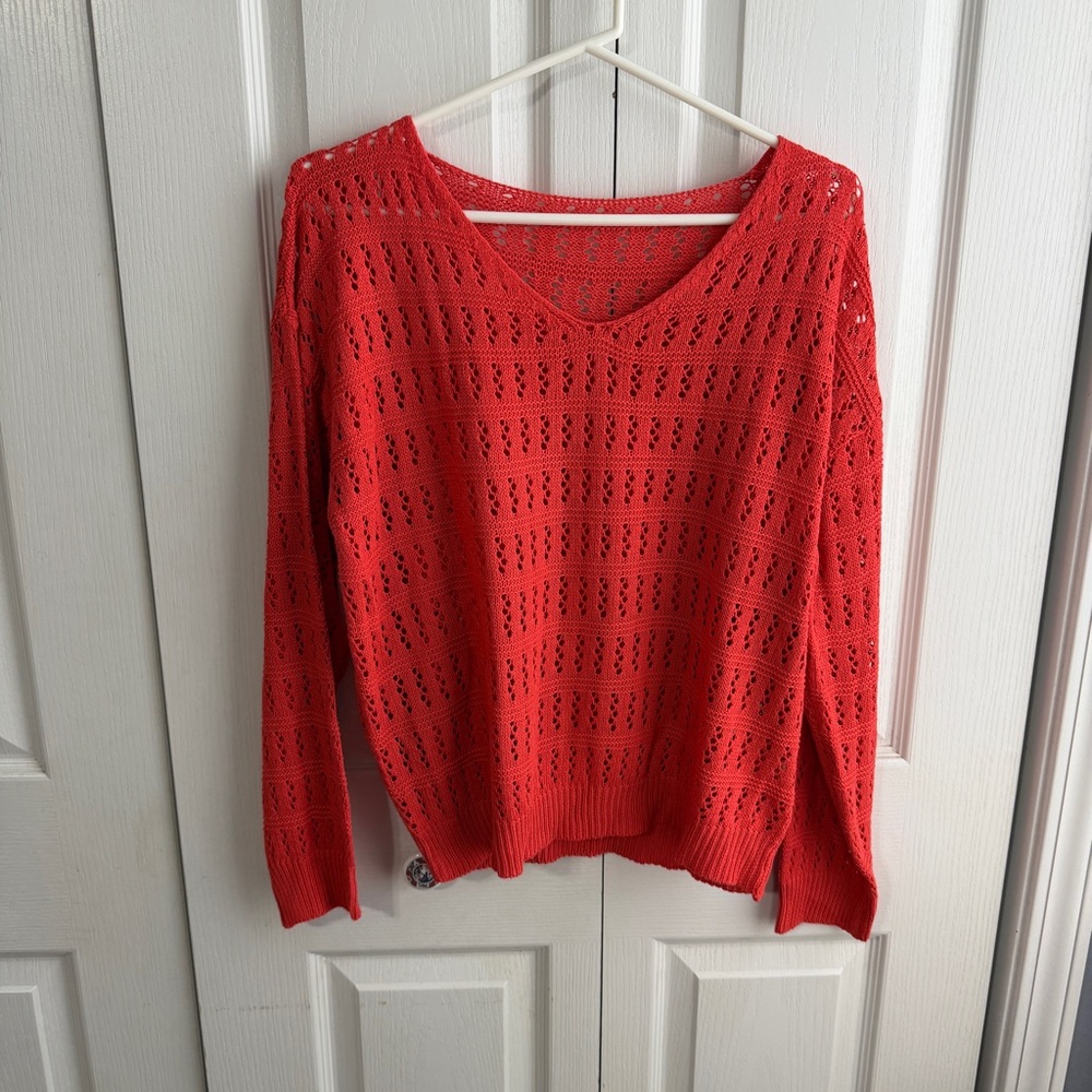 Red orange long sleeve open‎ crochet sweater size large